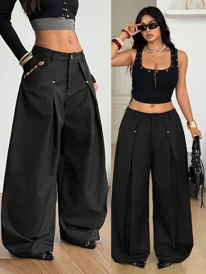 Coolane Summer Outfits Women's Plus Size , Streetwear  Solid Color Pleated Wide Leg Loose Casual Pants