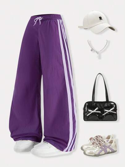 Casuvi Kids 1pc Teen Girls' Casual Sports Green Side Stripe Drawstring High Waist Regular Thick Wide Leg Pants, Daily Wear, Spring/Summer/Autumn