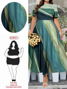 SHEIN CURVE+ Vestido largo elegante con estampado de llamas en verde, con mangas abullonadas, adecuado para ceremonias de graduación, ferias del Renacimiento, vestido fluido, primavera/verano - Verde - Ver 1