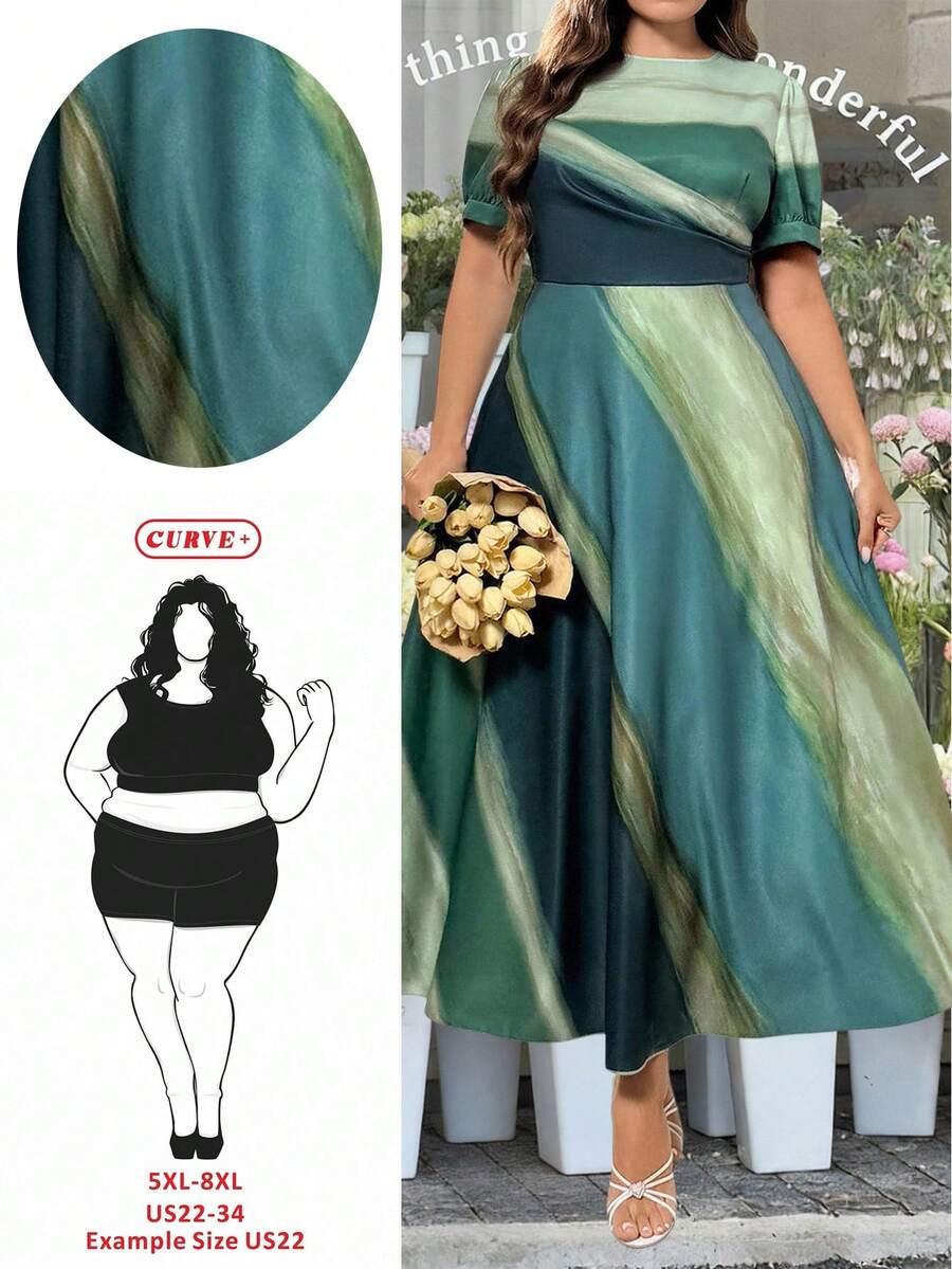 SHEIN CURVE+ Vestido largo elegante con estampado de llamas en verde, con mangas abullonadas, adecuado para ceremonias de graduación, ferias del Renacimiento, vestido fluido, primavera/verano - Verde - Ver 1