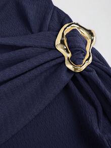 SHEIN Sweetro Vestido ceñido al Body con mangas acampanadas y cintura entallada de estilo minimalista - Azul Marino - Ver 3