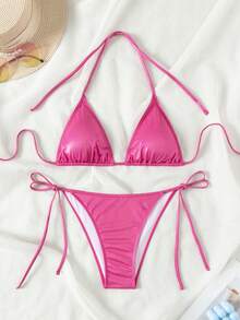 Swim Mod 2026春夏吊带金属色露背系带高衩丁字裤比基尼套装，性感女士泳装，适合游艇派对 - 玫紅色 - 查看 4