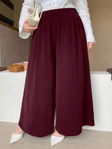 Dazy Plus Elastic Waist Solid Color Wide Leg Pants/Culottes, Burgundy, All Season, Plus Size Women - Burgundy - View 4