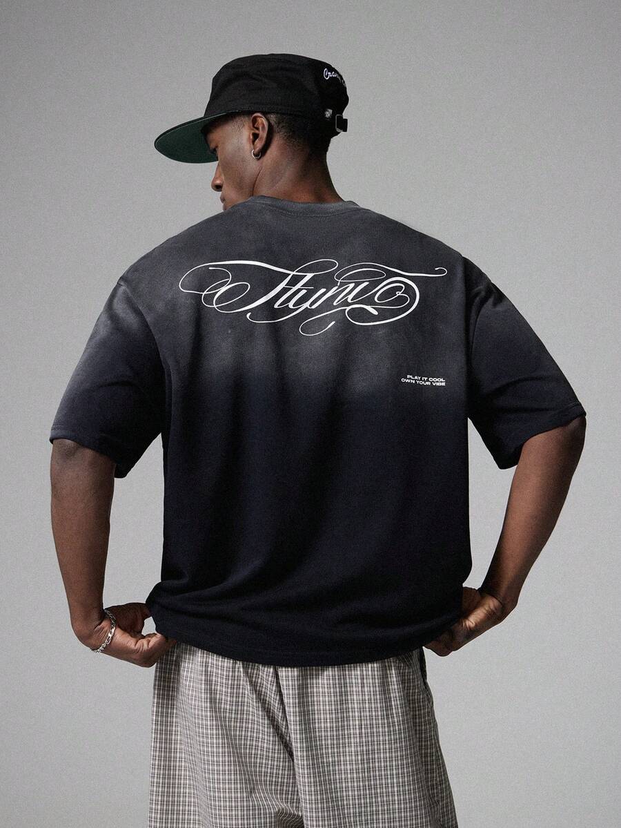 STYNVO Men's Casual Letter Print Washed Round Neck Short Sleeve T-Shirt, Summer - Black - View 1