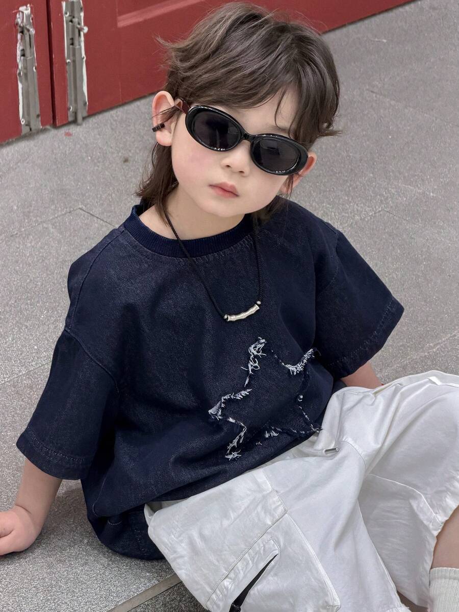 Dazy Kids 男童宽松休闲牛仔T恤，星形图案，夏季 - 深色水洗藍 - 查看 1