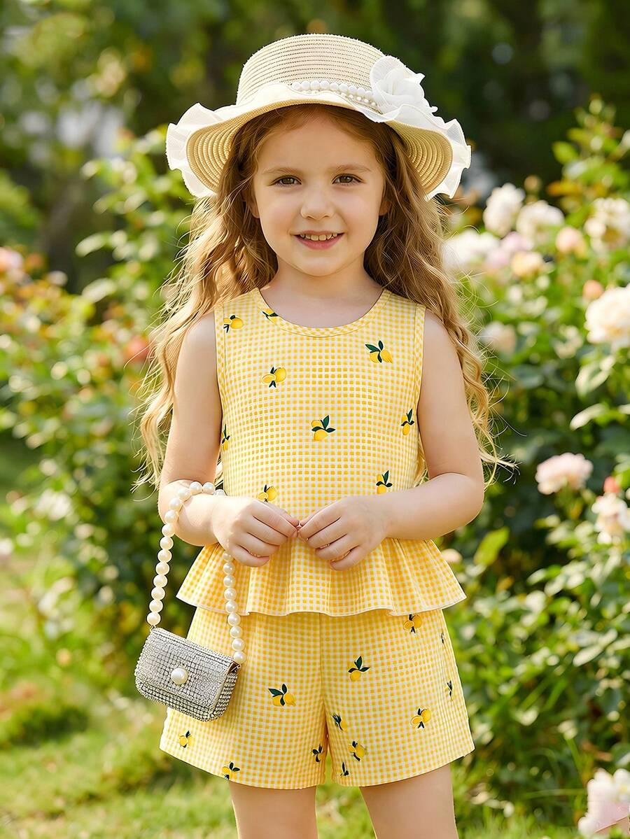 Elladie kids 小女孩黄色格子柠檬印花无袖上衣和短裤套装,甜美可爱,舒适的夏季外出装扮 - 黃色 - 查看 1