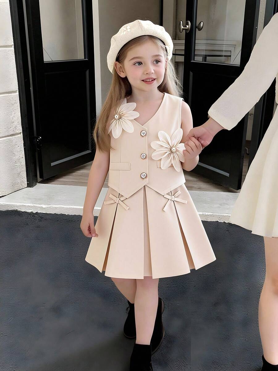 Elladie kids 小女孩夏季首週年慶生休閒度假無袖上衣搭配3D貼花與蝴蝶裝飾百褶裙套裝,米色制服洋裝 - 杏色 - 查看 1
