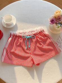 Comfortcana 女士夏季休闲度假条纹印花撞色蕾丝抽绳腰短裤 - 紅白色 - 查看 4