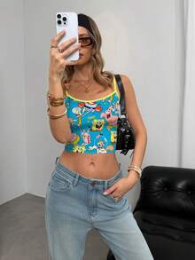 SpongeBob SquarePants | SHEIN Áo hai dây nữ in chữ và hoạt hình, kiểu dáng thường ngày. - trắng - Xem 4