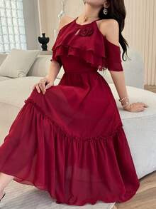 Feyla Elegant Romantic Ruffle Floral Cold-Shoulder Dress For Women - Dark Red - View 4