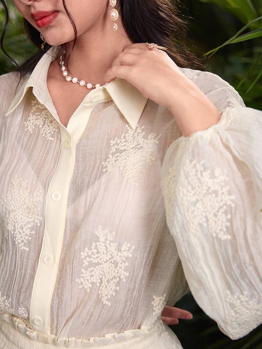 Modelyn Elegant Embroidered Front Button Apricot Shirt, Autumn - Apricot - View 1