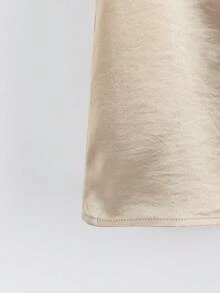 GlowEve 女士优雅休闲杏色珍珠设计花瓣袖修身短袖衬衫，春夏款 - 杏色 - 查看 5