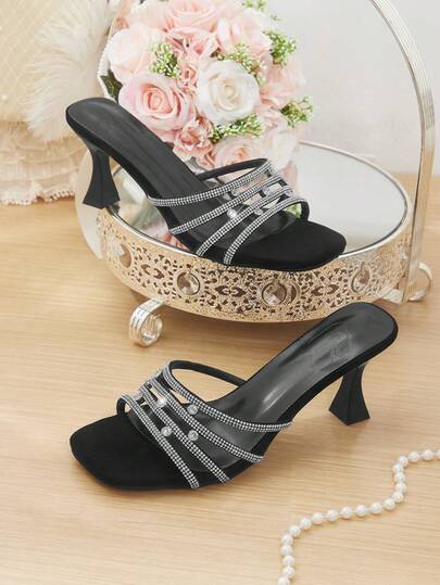 CUCCOO HITCHD 女士夏季新款水钻时尚仙女风方头细高跟黑色带拖鞋