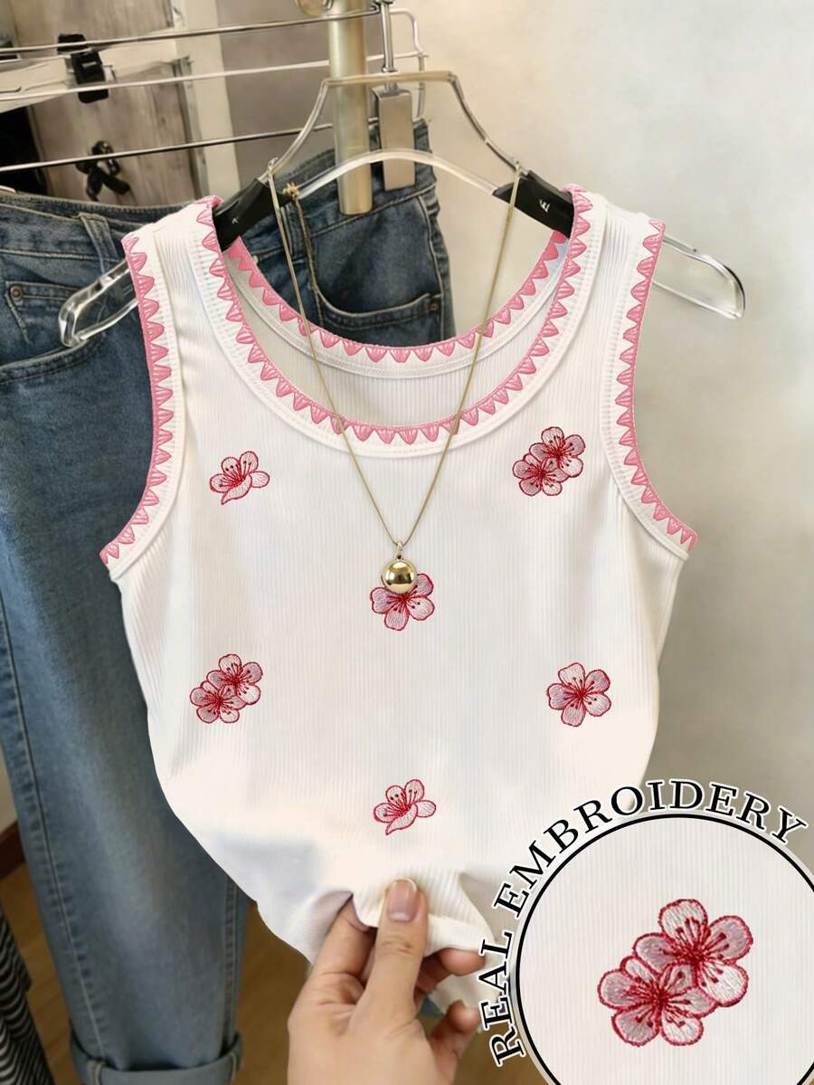 Resyla Plum Blossom Embroidery Women Round Neck Tank Top - White - View 1