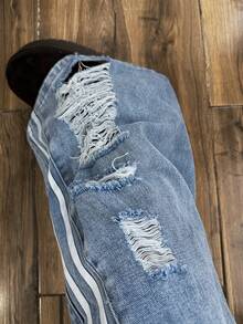 StreetHx 女士时尚休闲百搭运动条纹宽松直筒牛仔裤 - 淺色水洗藍 - 查看 7