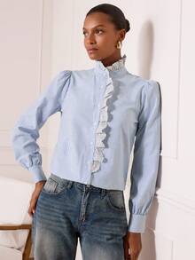 Lilora 女士复古优雅条纹印花刺绣花卉灯笼袖衬衫，适合春秋季穿着 - 藍白色 - 查看 7