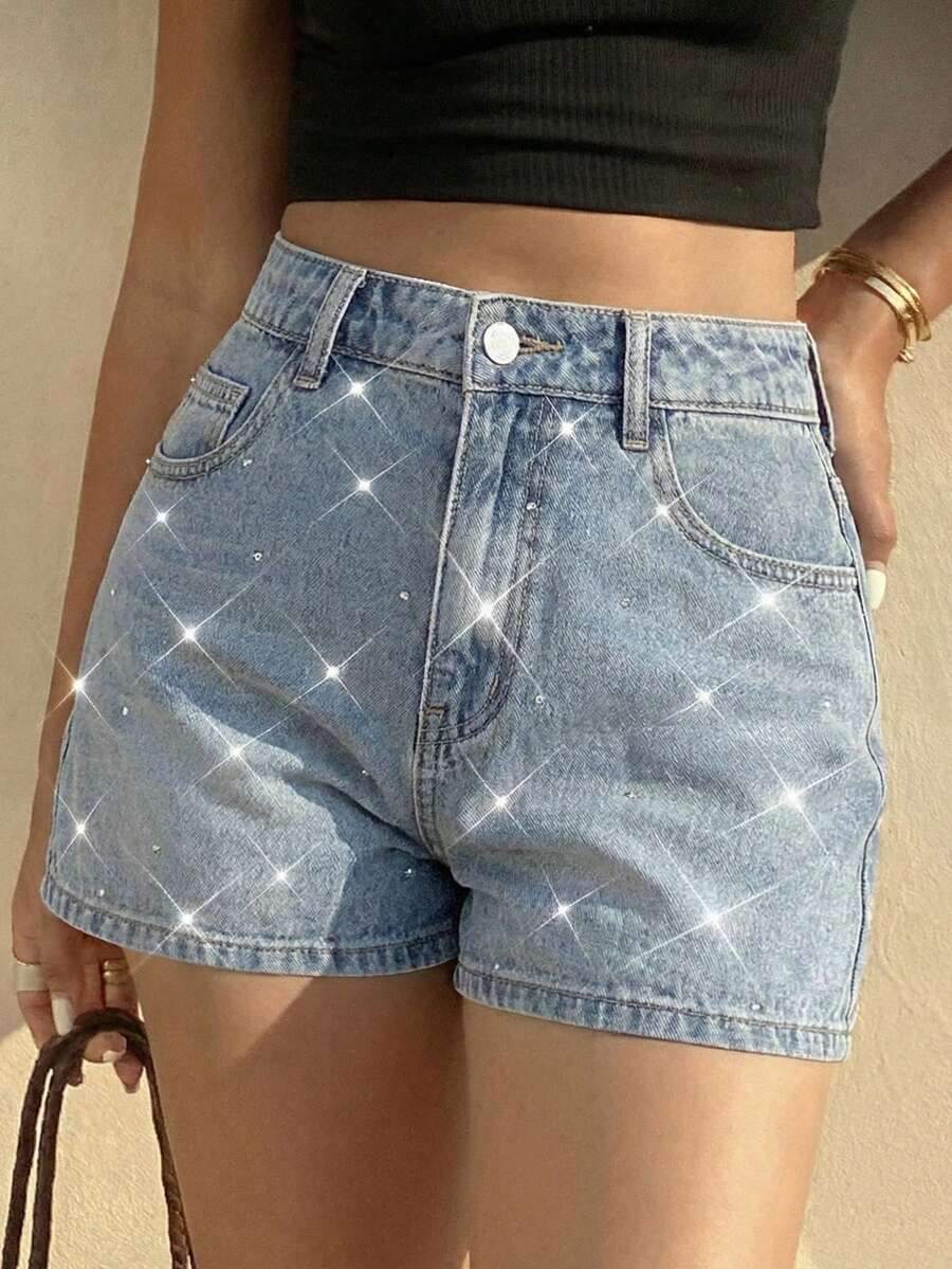 SHEIN 少女时尚休闲 Y2K 复古酷炫街头舒适无弹力闪亮水钻蓝色牛仔短裤日常春夏狂欢节和街头服饰 - 藍色 - 查看 1