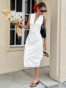 Serisse 女士夏季度假风简约纯色露肩深V领无袖收腰连衣裙 - 白色 - 查看 5