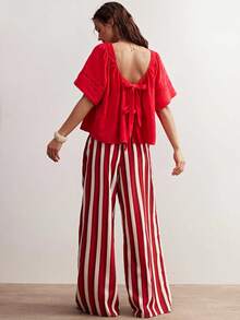 Bohemela Women's Casual Solid Color Loose Woven Shirt - Red - View 8