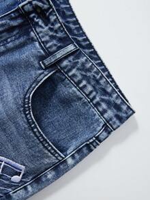ROMWE MEN Men's Casual Music Note & Slogan Embroidered Denim Shorts, Summer - Blue - View 6