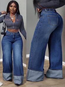 Slaydiva Plus Size Casual Solid Color Button Pocket Jeans - Dark Wash - View 1