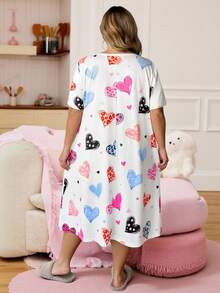SHEIN CURVE+ Curve Plus Red Heart-Shaped Printed Long Dress, Valentine's Day - Multicolor - View 2