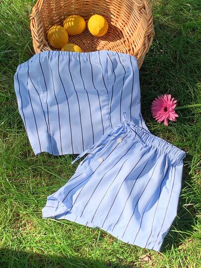 Comfortcana Women's Vacation Striped Bandeau Top And Tie Waist Shorts Casual 2 Pieces Set