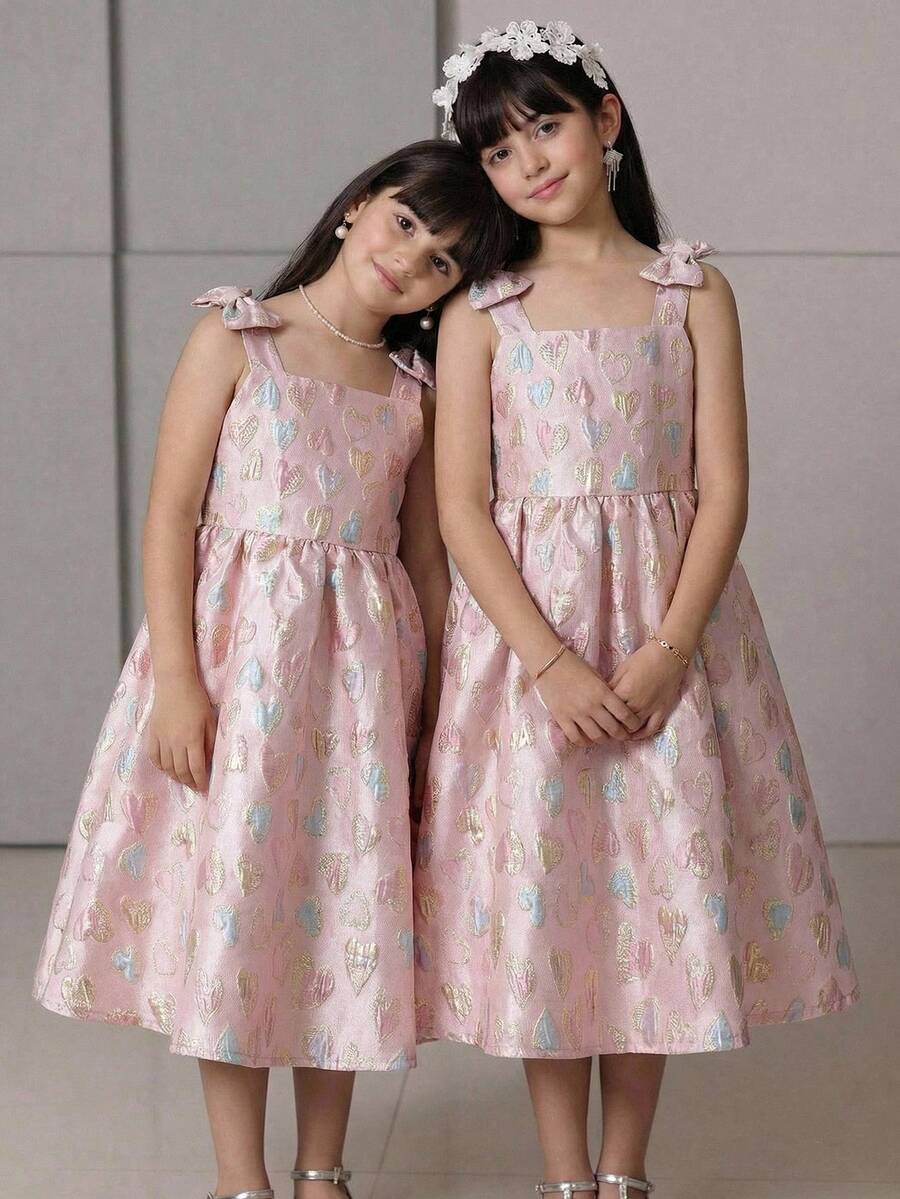 SHEIN 少女爱心印花无袖吊带连衣裙 - 白色 - 查看 1