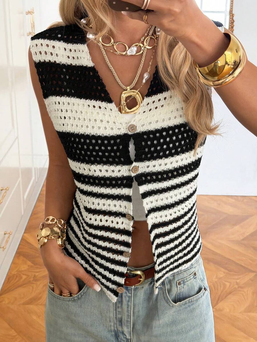 SHEIN EZwear New Summer Old Money Multi-Color Striped Women's Single-Breasted Hollow-Out Knitted Vest - Multicolor - View 1