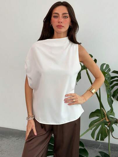 Aloruh Women's Elegant Pleated Asymmetric Shoulder Solid Color Blouse, Summer