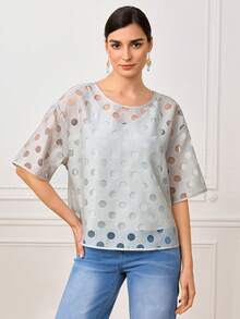 LOTSLUV 女士优雅春夏两件套：宽松灰色圆领短袖上衣，饰有半透明灰色波点图案，搭配灰色吊带背心 - 灰色 - 查看 3