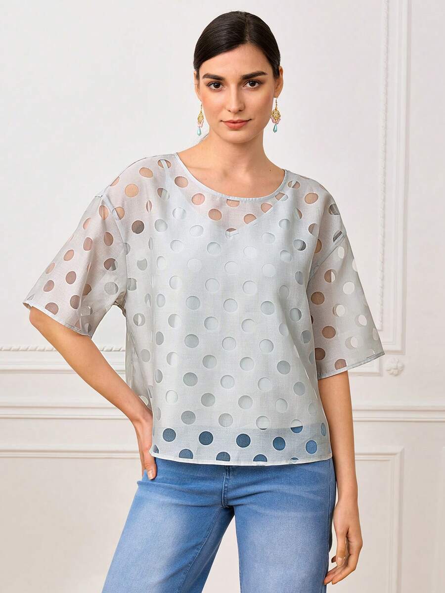 LOTSLUV 女士优雅春夏两件套：宽松灰色圆领短袖上衣，饰有半透明灰色波点图案，搭配灰色吊带背心 - 灰色 - 查看 1