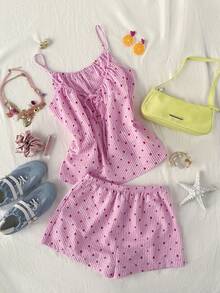 Soleia 两件套女士心形条纹系带吊带背心和短裤套装 - 彩色 - 查看 1