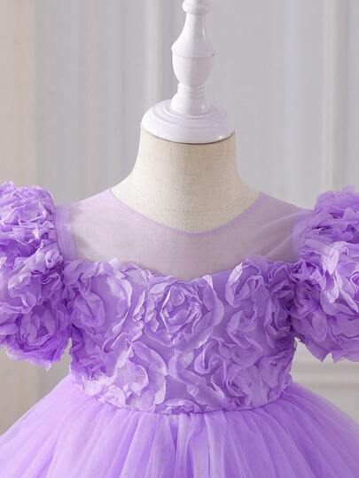 Glamorique Kids 4-Season Baby Girl Flower Girl Party Dress, C-Position Sweet Dress With Lavender Flower Cluster Fluffy Tulle Skirt, Mist Purple Flower Cluster Multi-Layer Tulle Dress, Sweet Purple Princess Dress With Purple Flower Decor Puff Sleeves