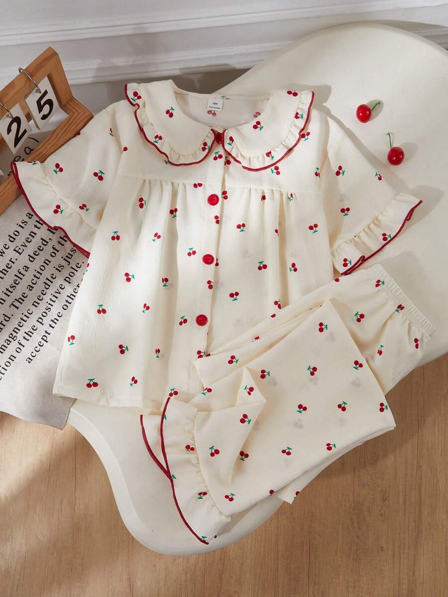SHEIN 少女櫻桃印花短袖開襟衫與長褲2件式居家服套裝，彼得潘領荷葉邊下擺，粉色與白色，夏季，可愛，居家穿著，睡衣 - 杏色 - 查看 1