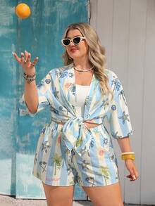 Vivid Eden Conjunto de 2 piezas de camisa tipo kimono y pantalones cortos con estampado de hojas azules para mujer de talla grande para verano - Multicolor - Ver 6