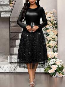 SHEIN Lady Elegant Party Sequin & Mesh Patchwork Black Dress - Black - View 3