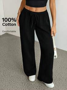SHEIN Tall Quần ống rộng dáng suông, màu trơn, thắt eo, chất liệu 100% cotton, thích hợp mặc thường ngày, dành cho nữ. - màu đen - Xem 7