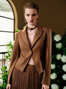 Arave Women's Woven V-Neck Shoulder Gathered Waist Elegant Office Commute Blazer Top, Winter - Camel - View 2