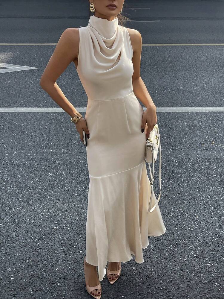 Swing Collar High Neck Waist Cinched Midi Dress For Women Cocktail Dress