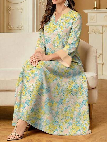 SHEIN Najma Yellow & Blue Ditsy Floral V-Neck Slit Hem Long Sleeve Maxi Dress, Elegant Arabic Style Vacation & Daily Wear, Spring/Summer