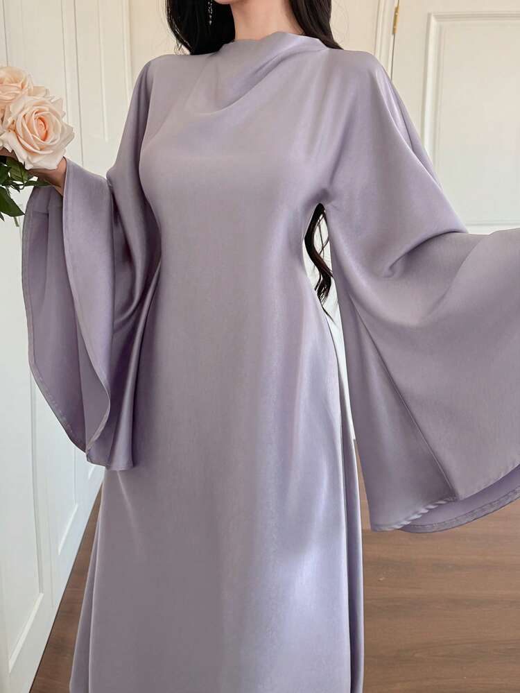Women's Elegant Solid Color Zipper Back Flare Sleeve Dress