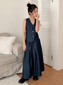 DAZY Tween Girls V-Neck Denim Vest & Denim Skirt 2-Piece Set, Fall - Blue - View 3