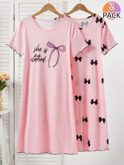 2 Packs Teen Pajamas, Lotus Pink Round Neck Short Sleeve Contrast Trim Bowknot Casual Mid-Length Nightgown, Stretchy Knit Fabric, Machine Washable, Comfortable Fit, Minimalist Design Dress Pajamas Girls