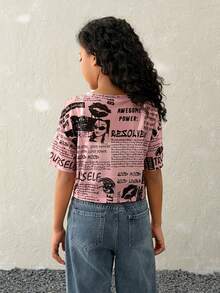 Coolane Kids 少女春夏报纸印花网纱露脐短袖上衣 - 粉色 - 查看 2