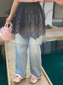 Dazy Plus Elastic Waist Lace Sheer Layered Mini Skirt, Versatile Black Casual Skirt For Girls - Black - View 6