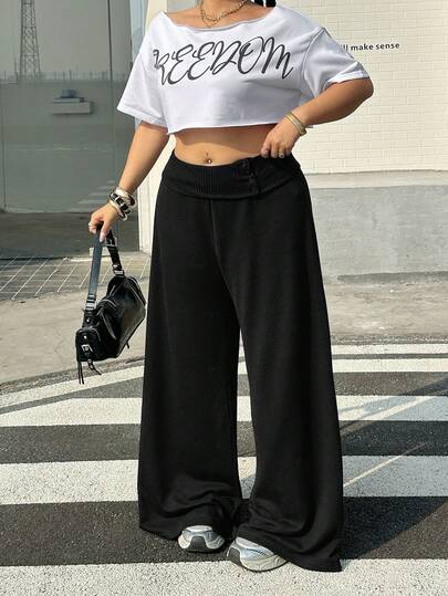 Muchica Plus Size Casual Solid Color Loose Fold-Over Waist Wide Leg Pants