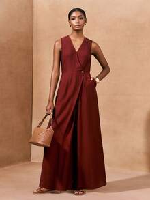 Zivah 2025 春季新品上市 复活节 生日派对 毕业季 日常出行 必备单品 休闲度假 街头时尚 极简通勤 V领 不对称设计 解构设计 隐藏式侧缝口袋 连体裤 - 鏽棕色 - 查看 10