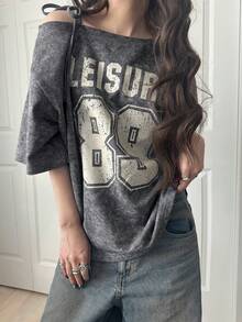 FRIFUL Women's Casual Loose Fit Off-Shoulder T-Shirt With Bowknot Strap And Letter Print, Suitable For Spring And Summer - Grey - View 2