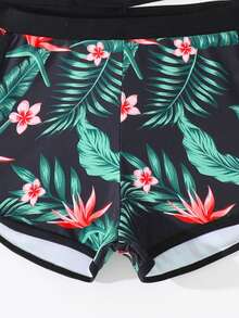 SHEIN Bộ đồ bơi Tankini cho bé gái tuổi teen, màu đen, chất liệu vải dệt kim họa tiết hoa nhiệt đới, tay dài và quần short, kiểu dáng thời trang, thanh lịch, phù hợp cho bơi lội, kỳ nghỉ hè, bãi biển, hồ bơi, tiệc tùng. Đồ bơi tay dài chống nắng cho bé gái, đồ bơi nữ, đồ bơi che phủ toàn thân, đồ bơi kỳ nghỉ nhiệt đới, đồ bơi cho bé gái, đồ bơi người lớn in họa tiết nhiệt đới, đồ bơi tay dài chống nắng và quần short, bộ hai mảnh, trang phục mùa hè cho bé gái, đồ bơi in hoa, trang phục bơi lội mùa hè cho người lớn. - màu đen - Xem 4